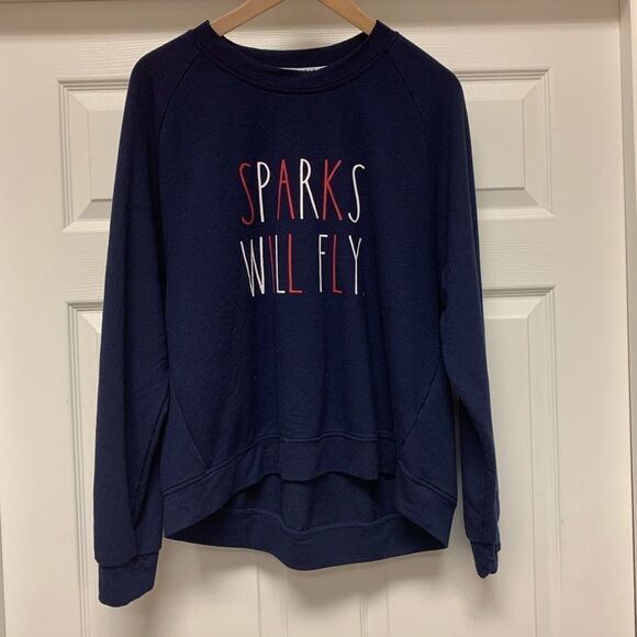 Rae Dunn Sparks Will Fly Navy Sweatshirt sz L EUC - Picture 1 of 4